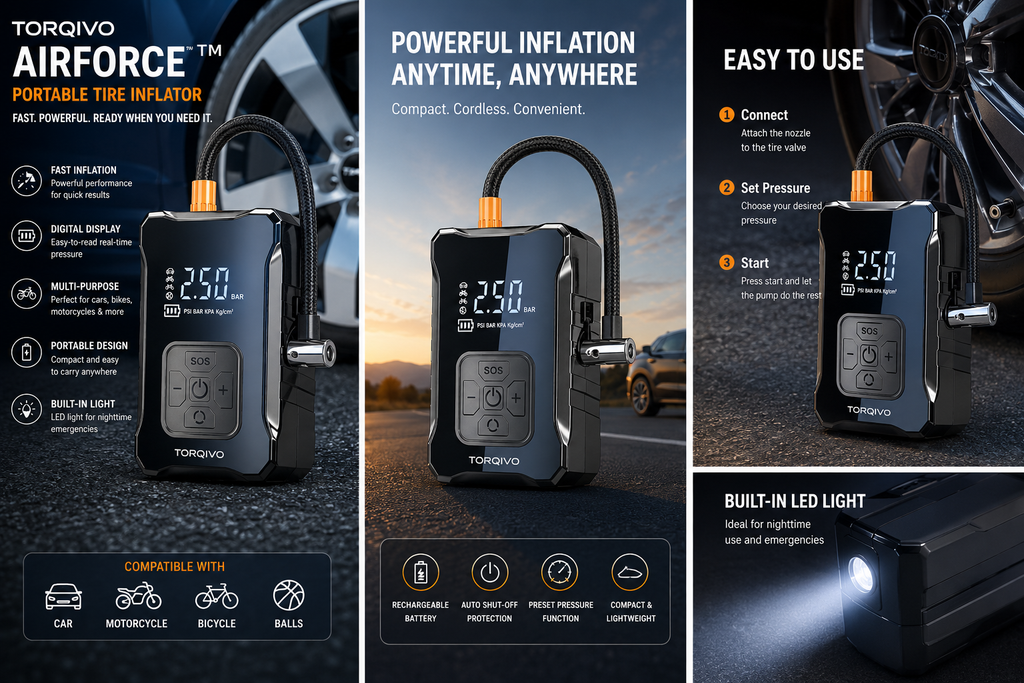 Torqivo AirForce™ — Portable Electric Tire Inflator
