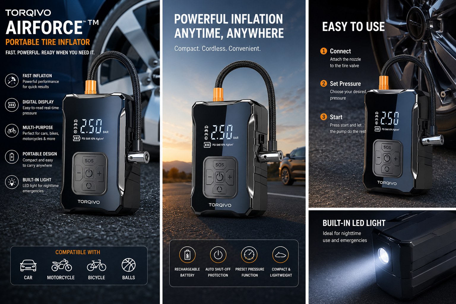 Torqivo AirForce™ — Portable Electric Tire Inflator